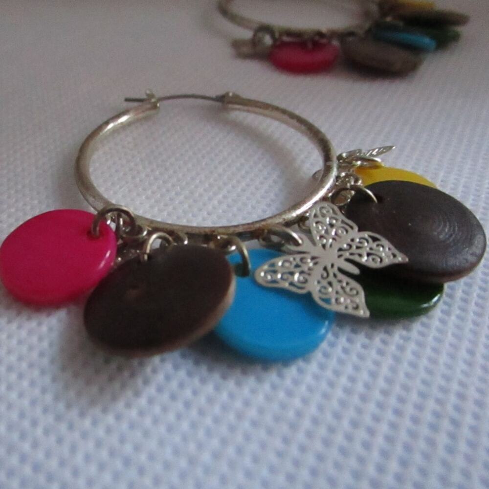 Colorful Boho Hoop Earrings with Butterfly Charms Mixed Disc Dangles 2in - Picture 16 of 17